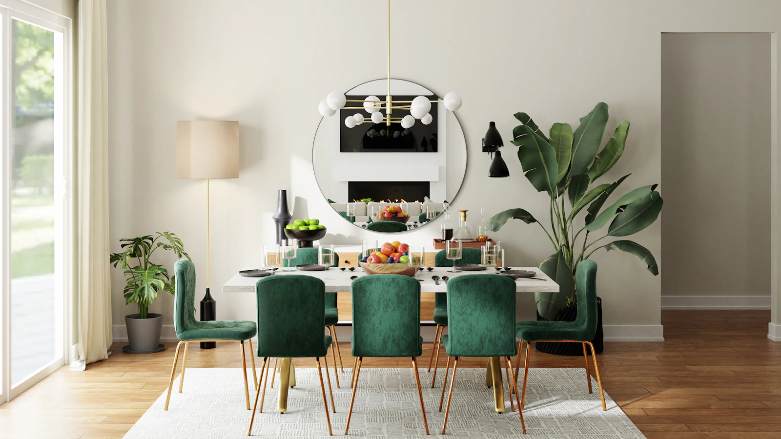Sala de jantar com cadeiras verdes e candeeiro moderno