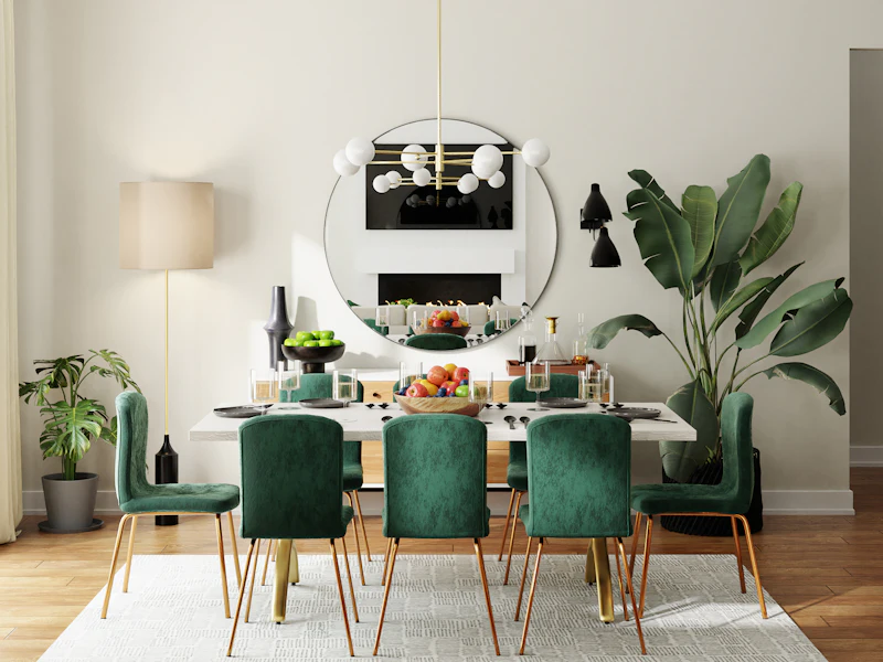 Sala de jantar com cadeiras verdes e candeeiro moderno