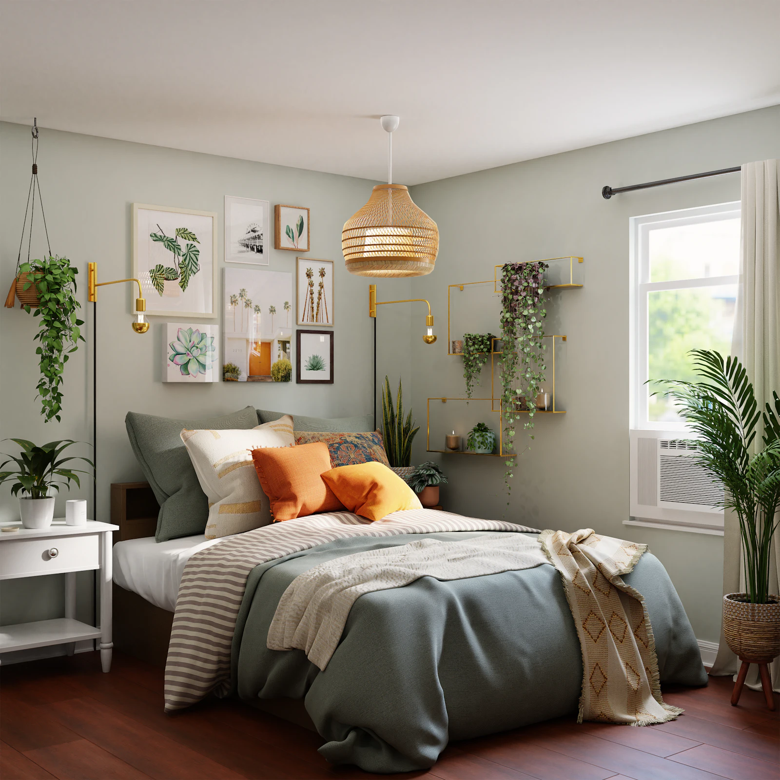Quarto com cama, plantas penduradas e luz natural
