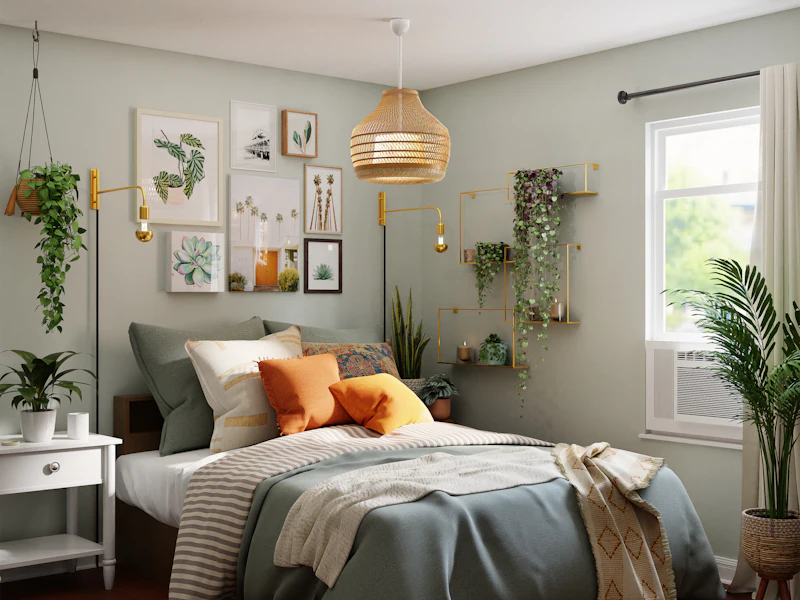 Quarto com cama, plantas penduradas e luz natural